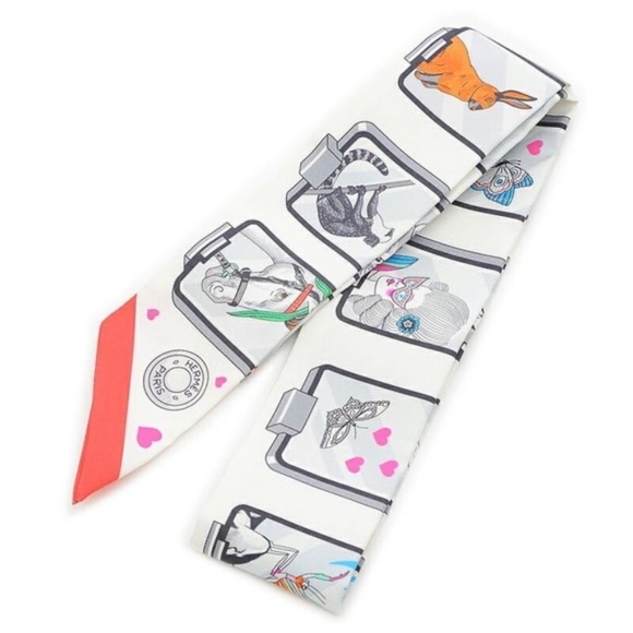 Hermes Twilly Muffler/Scarf Story HERMES STORY White Grease Rouge 100% Silk